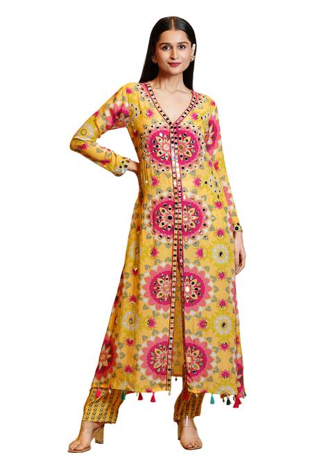Buy_Sajeda A Lehry_Yellow Silk, Crepe Tassels, Misu Floral Print Embroidered Kurta And Pant Set_Online_at_Aza_Fashions