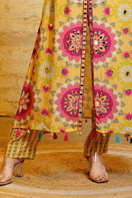 Shop_Sajeda A Lehry_Yellow Silk, Crepe Tassels, Misu Floral Print Embroidered Kurta And Pant Set_Online_at_Aza_Fashions