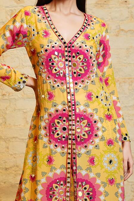 Sajeda A Lehry_Yellow Silk, Crepe Tassels, Misu Floral Print Embroidered Kurta And Pant Set_at_Aza_Fashions