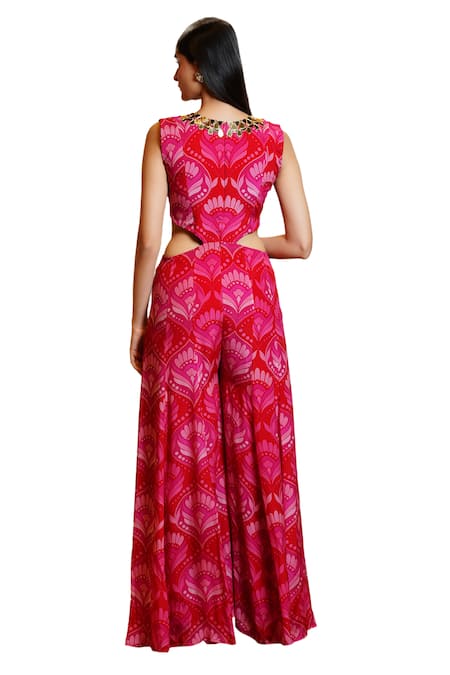 Sajeda A Lehry_Red Silk Crepe Printed Floral Geometric V Neck Olive Cutout Jumpsuit _Online_at_Aza_Fashions