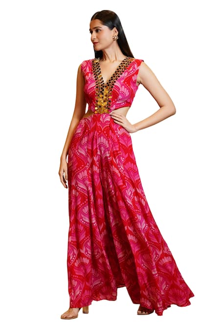 Buy_Sajeda A Lehry_Red Silk Crepe Printed Floral Geometric V Neck Olive Cutout Jumpsuit _Online_at_Aza_Fashions