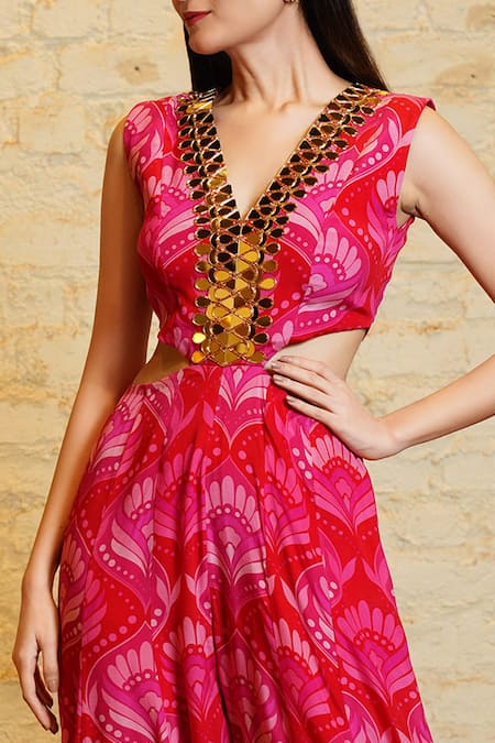 Shop_Sajeda A Lehry_Red Silk Crepe Printed Floral Geometric V Neck Olive Cutout Jumpsuit _Online_at_Aza_Fashions