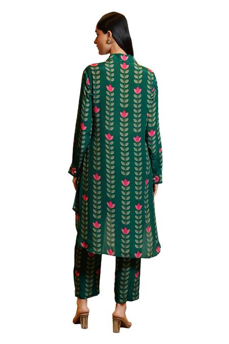 Sajeda A Lehry_Green Silk, Crepe Mirrors, Embroidery Sania Leaf Print High Low Tunic And Pant Set_Online_at_Aza_Fashions