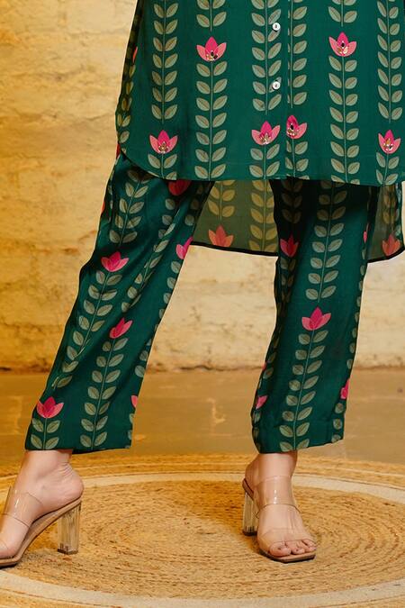 Buy_Sajeda A Lehry_Green Silk, Crepe Mirrors, Embroidery Sania Leaf Print High Low Tunic And Pant Set_Online_at_Aza_Fashions