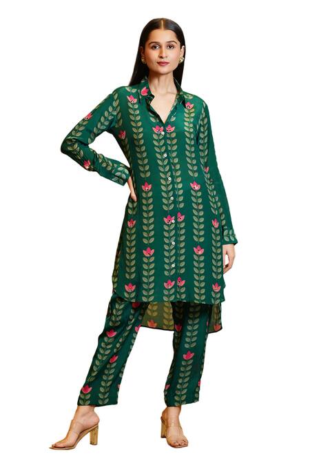 Shop_Sajeda A Lehry_Green Silk, Crepe Mirrors, Embroidery Sania Leaf Print High Low Tunic And Pant Set_Online_at_Aza_Fashions