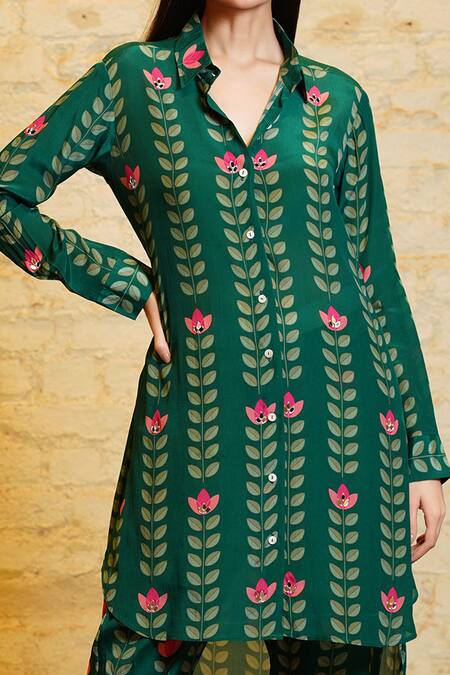 Sajeda A Lehry_Green Silk, Crepe Mirrors, Embroidery Sania Leaf Print High Low Tunic And Pant Set_at_Aza_Fashions
