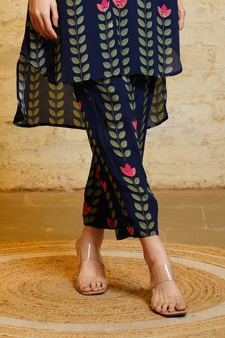 Buy_Sajeda A Lehry_Blue Silk, Crepe Embroidery Collared Sania Printed Kurta And Pant Set_Online_at_Aza_Fashions