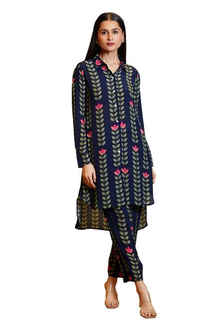 Sajeda A Lehry_Blue Silk, Crepe Embroidery Collared Sania Printed Kurta And Pant Set_at_Aza_Fashions