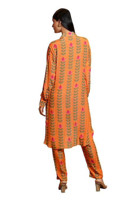 Sajeda A Lehry Orange , Satin, Crepe Sania High Low Leaf Print Kurta And Pant Set Online at Aza Fashions Sajeda A Lehry_Orange , Satin, Crepe Sania High Low Leaf Print Kurta And Pant Set_Online_at_Aza_Fashions