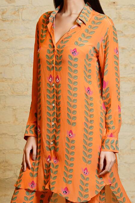 Buy Sajeda A Lehry Orange , Satin, Crepe Sania High Low Leaf Print Kurta And Pant Set Online at Aza Fashions Buy_Sajeda A Lehry_Orange , Satin, Crepe Sania High Low Leaf Print Kurta And Pant Set_Online_at_Aza_Fashions