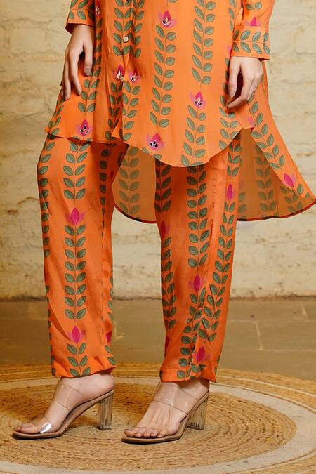 Shop Sajeda A Lehry Orange , Satin, Crepe Sania High Low Leaf Print Kurta And Pant Set Online at Aza Fashions Shop_Sajeda A Lehry_Orange , Satin, Crepe Sania High Low Leaf Print Kurta And Pant Set_Online_at_Aza_Fashions