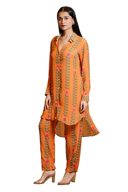 Sajeda A Lehry Orange , Satin, Crepe Sania High Low Leaf Print Kurta And Pant Set at Aza Fashions Sajeda A Lehry_Orange , Satin, Crepe Sania High Low Leaf Print Kurta And Pant Set_at_Aza_Fashions