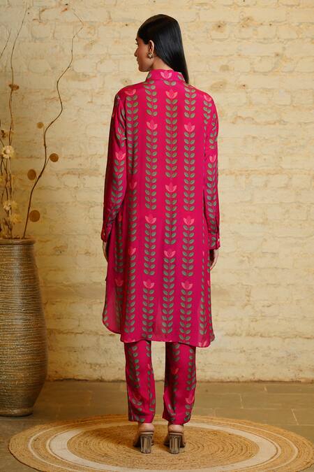 Shop Sajeda A Lehry Pink Silk, Crepe Mirrors, Embroidery Sania High Low Printed Kurta And Pant Set at Aza Fashions Shop_Sajeda A Lehry_Pink Silk, Crepe Mirrors, Embroidery Sania High Low Printed Kurta And Pant Set_at_Aza_Fashions