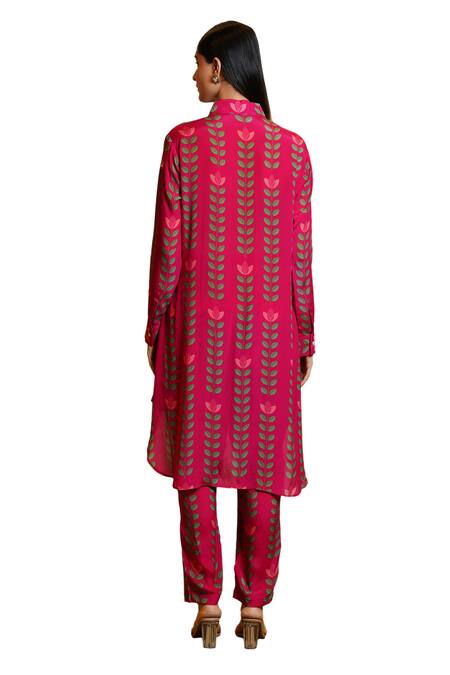 Sajeda A Lehry Pink Silk, Crepe Mirrors, Embroidery Sania High Low Printed Kurta And Pant Set Online at Aza Fashions Sajeda A Lehry_Pink Silk, Crepe Mirrors, Embroidery Sania High Low Printed Kurta And Pant Set_Online_at_Aza_Fashions