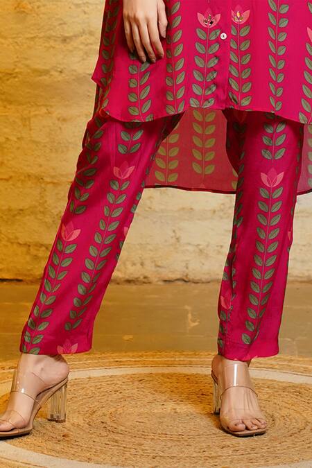 Buy Sajeda A Lehry Pink Silk, Crepe Mirrors, Embroidery Sania High Low Printed Kurta And Pant Set Online at Aza Fashions Buy_Sajeda A Lehry_Pink Silk, Crepe Mirrors, Embroidery Sania High Low Printed Kurta And Pant Set_Online_at_Aza_Fashions