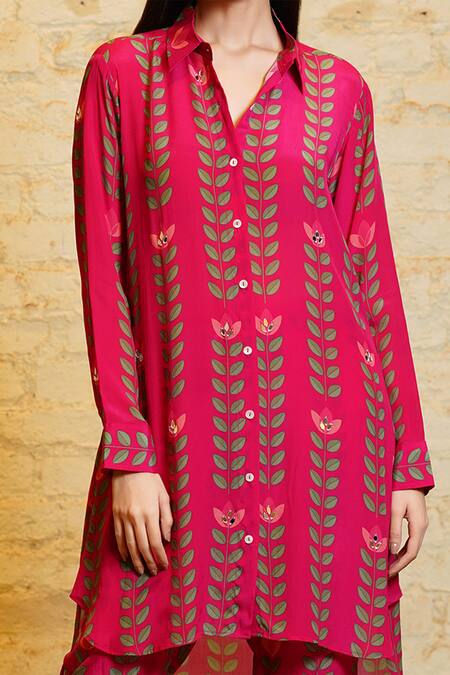 Shop Sajeda A Lehry Pink Silk, Crepe Mirrors, Embroidery Sania High Low Printed Kurta And Pant Set Online at Aza Fashions Shop_Sajeda A Lehry_Pink Silk, Crepe Mirrors, Embroidery Sania High Low Printed Kurta And Pant Set_Online_at_Aza_Fashions