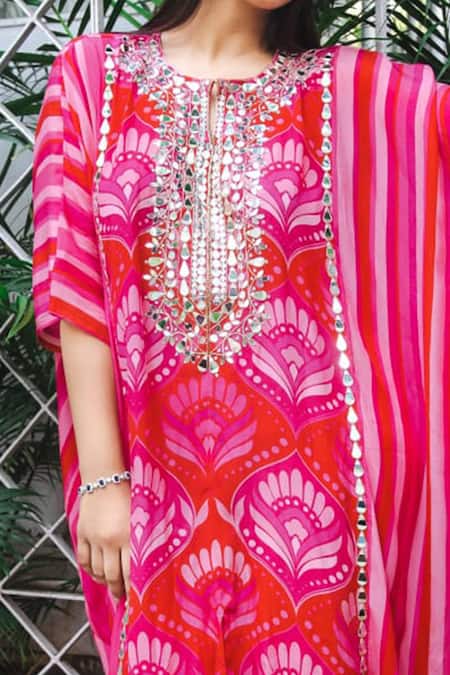 Shop Sajeda A Lehry Red Silk Crepe Printed Floral Geometric Round Tarana Kaftan And Pant Set at Aza Fashions Shop_Sajeda A Lehry_Red Silk Crepe Printed Floral Geometric Round Tarana Kaftan And Pant Set _at_Aza_Fashions