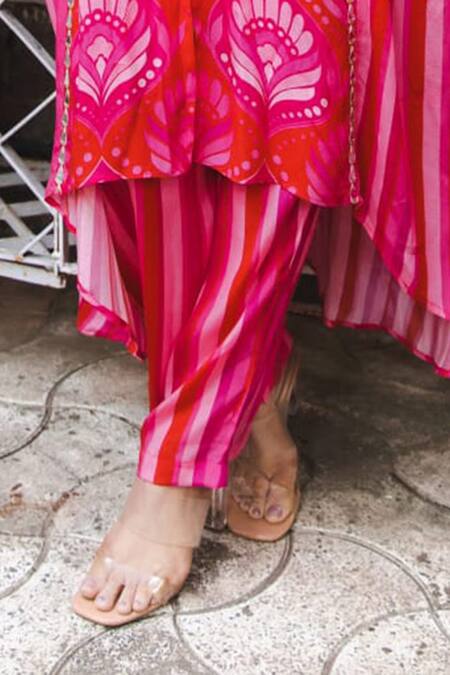 Sajeda A Lehry Red Silk Crepe Printed Floral Geometric Round Tarana Kaftan And Pant Set Online at Aza Fashions Sajeda A Lehry_Red Silk Crepe Printed Floral Geometric Round Tarana Kaftan And Pant Set _Online_at_Aza_Fashions