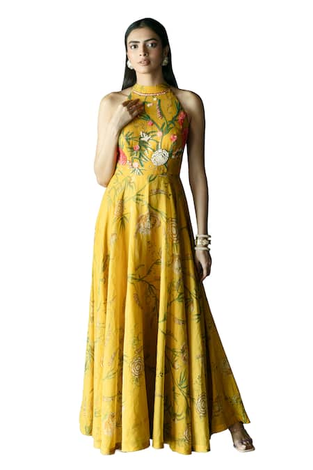 Shachi Sood_Yellow Chanderi Sequins, Beads Halter Neck Floral Print Dress _Online_at_Aza_Fashions
