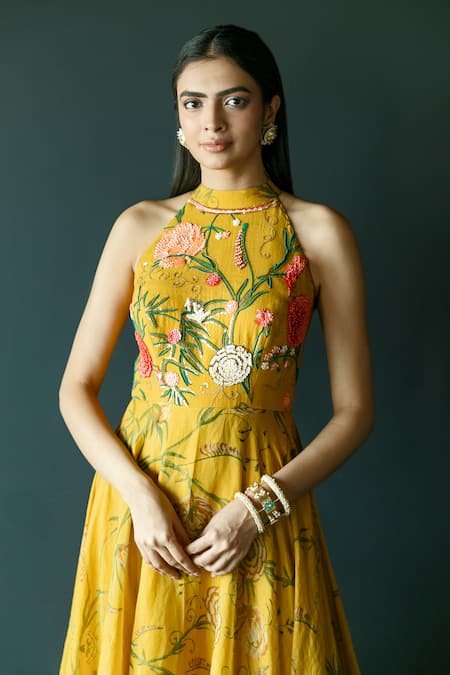 Buy_Shachi Sood_Yellow Chanderi Sequins, Beads Halter Neck Floral Print Dress _Online_at_Aza_Fashions