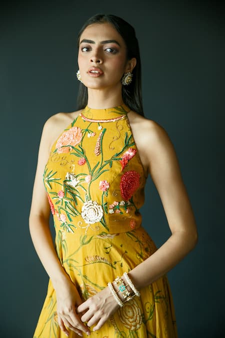 Shop_Shachi Sood_Yellow Chanderi Sequins, Beads Halter Neck Floral Print Dress _Online_at_Aza_Fashions