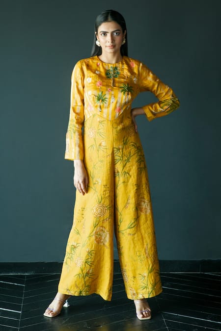 Shop Shachi Sood Yellow Tissue Chanderi Embroidered Thread Round Neck Floral Jumpsuit at Aza Fashions Shop_Shachi Sood_Yellow Tissue Chanderi Embroidered Thread Round Neck Floral Jumpsuit _at_Aza_Fashions