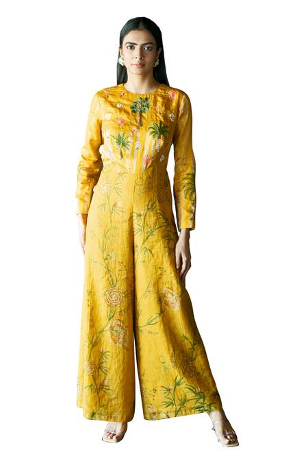 Shachi Sood Yellow Tissue Chanderi Embroidered Thread Round Neck Floral Jumpsuit Online at Aza Fashions Shachi Sood_Yellow Tissue Chanderi Embroidered Thread Round Neck Floral Jumpsuit _Online_at_Aza_Fashions