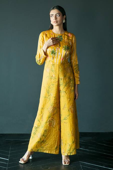 Buy Shachi Sood Yellow Tissue Chanderi Embroidered Thread Round Neck Floral Jumpsuit Online at Aza Fashions Buy_Shachi Sood_Yellow Tissue Chanderi Embroidered Thread Round Neck Floral Jumpsuit _Online_at_Aza_Fashions