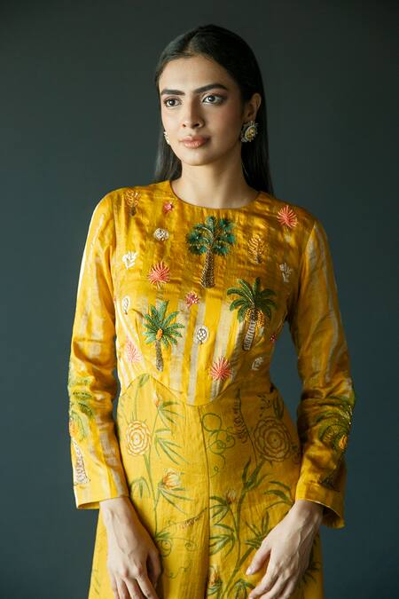 Shop Shachi Sood Yellow Tissue Chanderi Embroidered Thread Round Neck Floral Jumpsuit Online at Aza Fashions Shop_Shachi Sood_Yellow Tissue Chanderi Embroidered Thread Round Neck Floral Jumpsuit _Online_at_Aza_Fashions