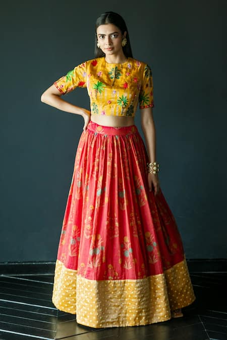 Shachi Sood Red Lehenga Tissue Chanderi Embroidered Thread Round Floral Print With Blouse