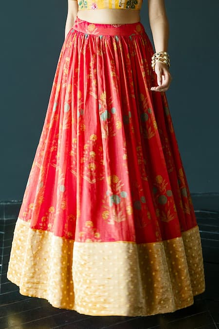 Buy_Shachi Sood_Red Silk, Chanderi Embroidery, Sequins Round Floral Print Lehenga With Blouse _Online_at_Aza_Fashions