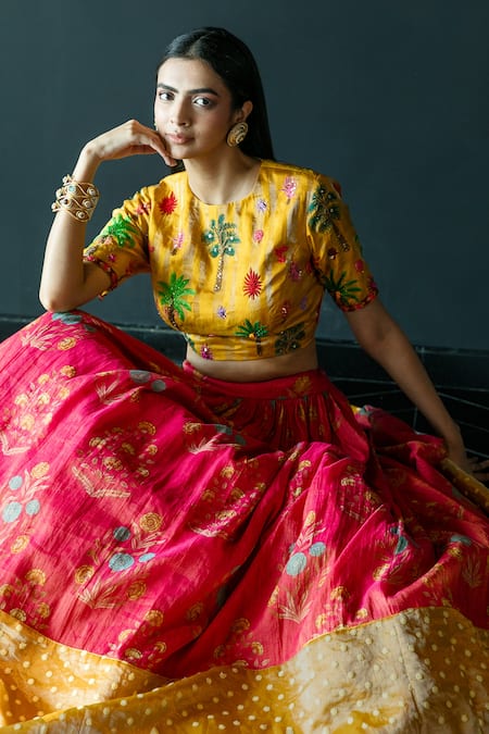 Shop_Shachi Sood_Red Silk, Chanderi Embroidery, Sequins Round Floral Print Lehenga With Blouse _Online_at_Aza_Fashions