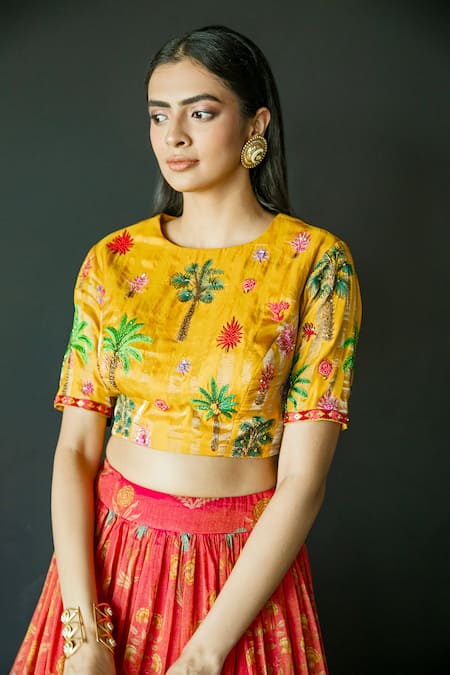 Shachi Sood_Red Silk, Chanderi Embroidery, Sequins Round Floral Print Lehenga With Blouse _at_Aza_Fashions