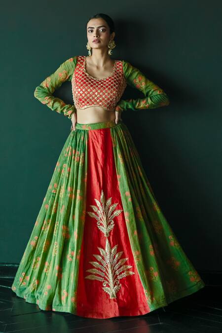 Shop Shachi Sood Green Chanderi, Tissue Zari Scoop Neck Zardozi Embroidered Lehenga Blouse Set Online at Aza Fashions Shop_Shachi Sood_Green Chanderi, Tissue Zari Scoop Neck Zardozi Embroidered Lehenga Blouse Set _Online_at_Aza_Fashions