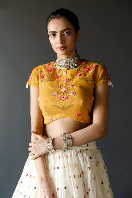 Shachi Sood_White Tissue, Chanderi, Silk Embroidery, Sequins, Floral Lehenga With Blouse _Online_at_Aza_Fashions