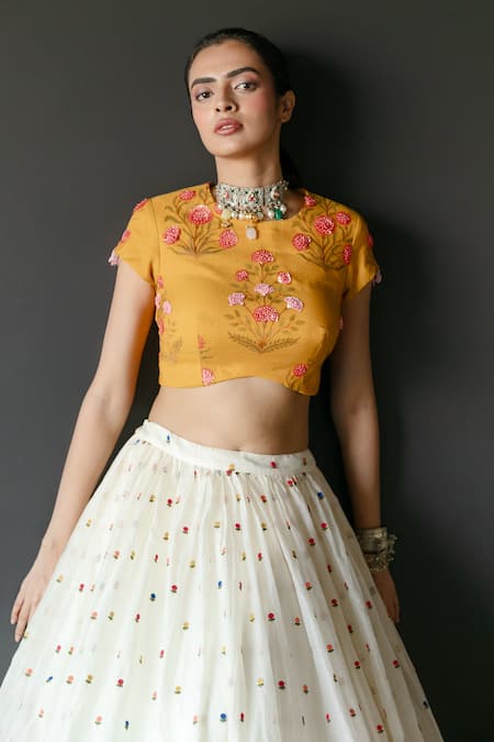 Buy_Shachi Sood_White Tissue, Chanderi, Silk Embroidery, Sequins, Floral Lehenga With Blouse _Online_at_Aza_Fashions