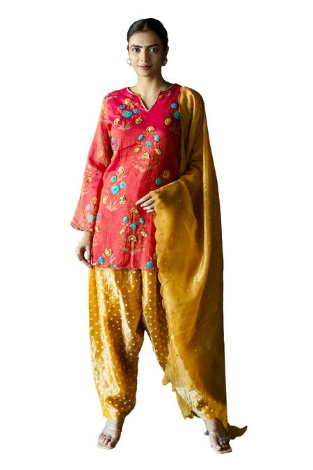 Shachi Sood Red Chanderi, Tissue Beads, Sequins, Embroidery Split Floral Kurta Salwar Set Online at Aza Fashions Shachi Sood_Red Chanderi, Tissue Beads, Sequins, Embroidery Split Floral Kurta Salwar Set _Online_at_Aza_Fashions