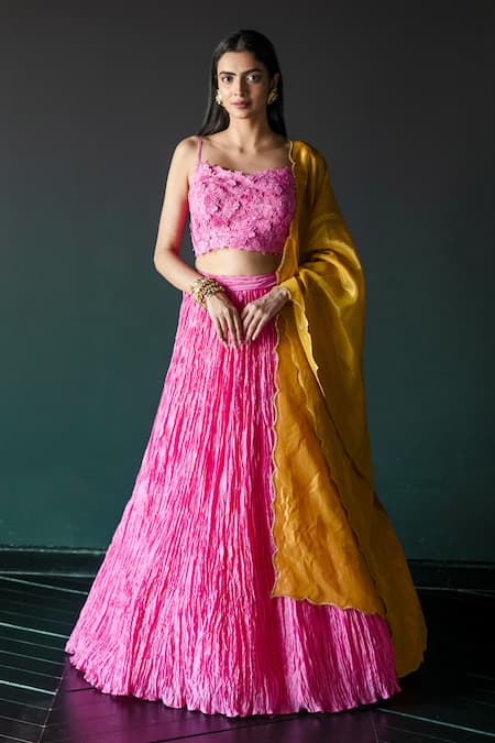 Shachi Sood Pink Lehenga And Blouse Chanderi Lace Sweetheart Neck Floral Set 