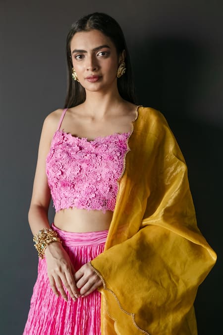 Shop Shachi Sood Pink Chanderi Embroidery Sweetheart Neck Floral Lace Lehenga Blouse Set Online at Aza Fashions Shop_Shachi Sood_Pink Chanderi Embroidery Sweetheart Neck Floral Lace Lehenga Blouse Set _Online_at_Aza_Fashions