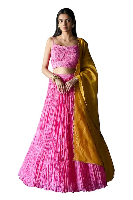 Shachi Sood Pink Chanderi Embroidery Sweetheart Neck Floral Lace Lehenga Blouse Set at Aza Fashions Shachi Sood_Pink Chanderi Embroidery Sweetheart Neck Floral Lace Lehenga Blouse Set _at_Aza_Fashions