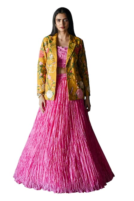 Shachi Sood_Yellow Tissue Chanderi Print Floral Notched Embroidered Jacket _Online_at_Aza_Fashions