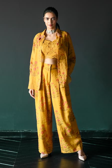 Shachi Sood Yellow Tissue Chanderi Print Lace Collar Floral Shirt Pant Set