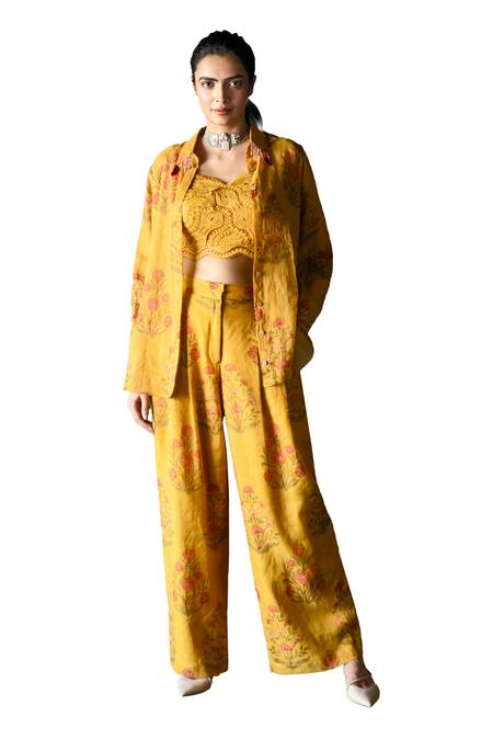 Shachi Sood_Yellow Tissue Chanderi Print Lace Collar Floral Shirt Pant Set _Online_at_Aza_Fashions