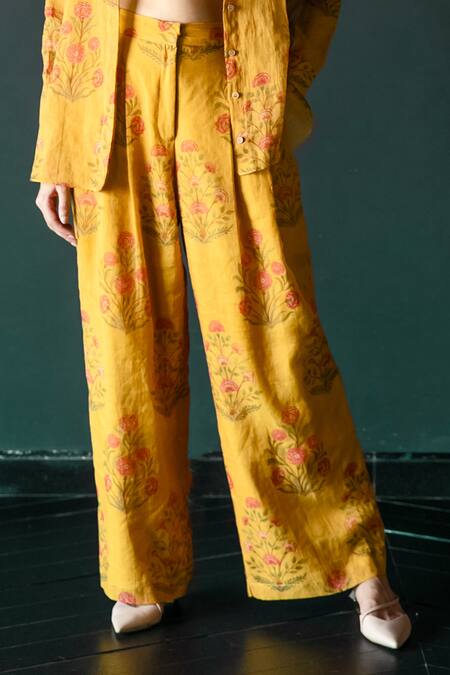 Buy_Shachi Sood_Yellow Tissue Chanderi Print Lace Collar Floral Shirt Pant Set _Online_at_Aza_Fashions