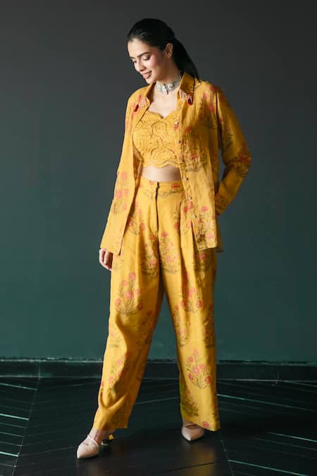 Shop_Shachi Sood_Yellow Tissue Chanderi Print Lace Collar Floral Shirt Pant Set _Online_at_Aza_Fashions