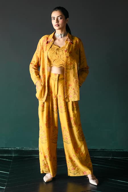 Shachi Sood_Yellow Tissue Chanderi Print Lace Collar Floral Shirt Pant Set _at_Aza_Fashions