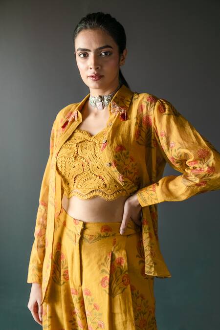 Buy_Shachi Sood_Yellow Tissue Chanderi Print Lace Collar Floral Shirt Pant Set 