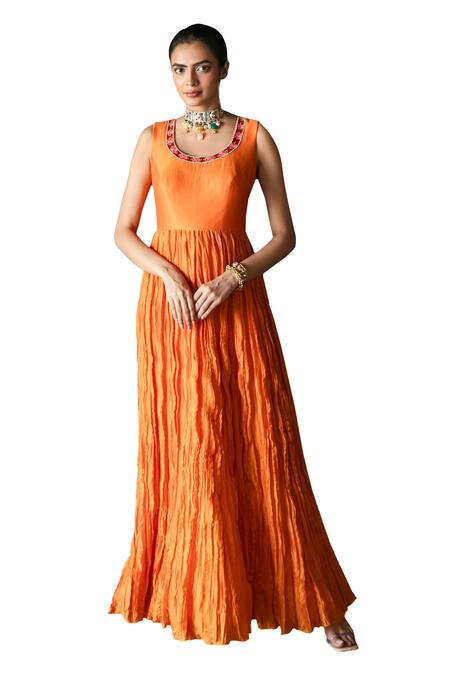 Shachi Sood_Orange Chanderi Embroidered Thread Scoop Neck Dress _Online_at_Aza_Fashions