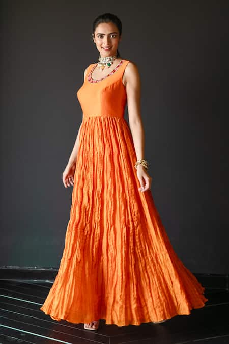 Shop_Shachi Sood_Orange Chanderi Embroidered Thread Scoop Neck Dress _Online_at_Aza_Fashions