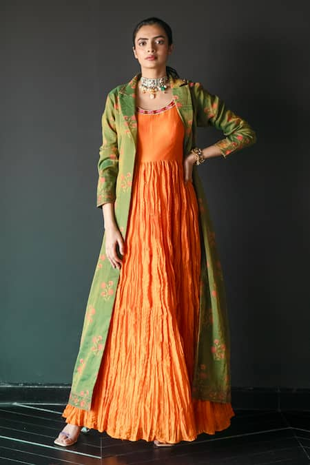 Shachi Sood Orange Jacket Tissue Chanderi Print Floral Notched Lapel With Anarkali 